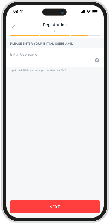 If you submit the iBanking application form to RM, you will receive an SMS with Initial Username. Input your Initial Username for registration.